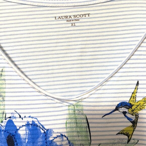 Laura Scott Womens XL Blue Striped Floral Hummingbird V-Neck Tee Short Sleeve Ca - Picture 4 of 6